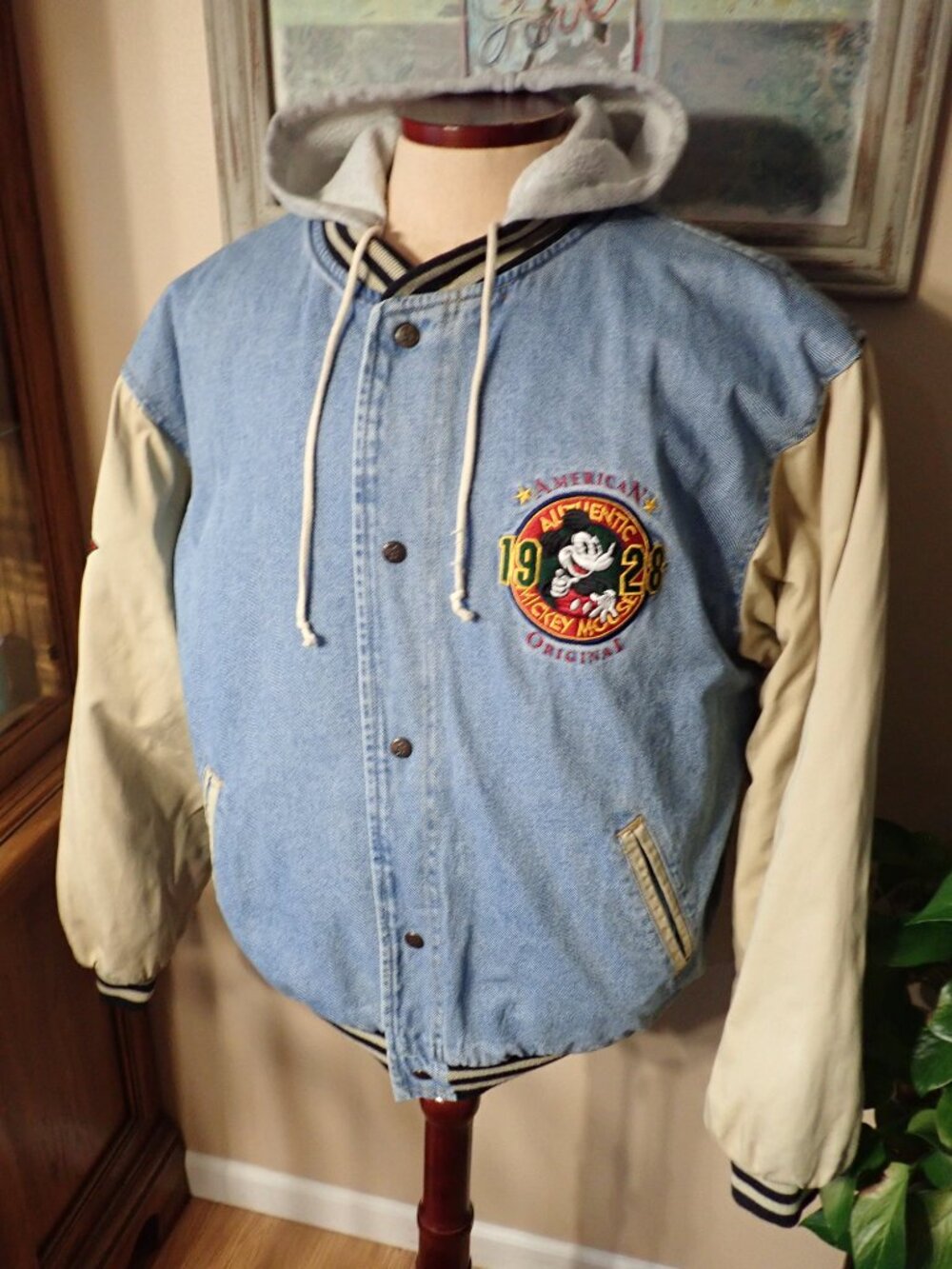 Vintage Disney Mickey Mouse Jacket Men's XL Denim Hood Varsity Colorblock